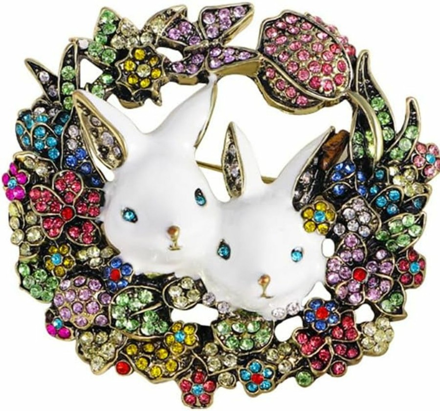 NewZenro Vintage Rabbit Rhinestone Wreath Brooch Lapel Pins For Women Girls Fashion Crystal Bunny Animal Bff Brooches Pin Dainty Cute Easter Day Party Friendship Clothes Accessory Jewelry Christmas Birthday Online