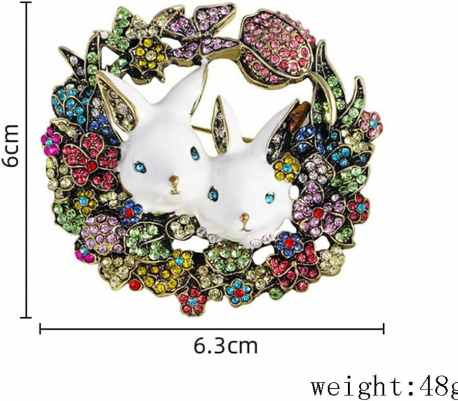 NewZenro Vintage Rabbit Rhinestone Wreath Brooch Lapel Pins For Women Girls Fashion Crystal Bunny Animal Bff Brooches Pin Dainty Cute Easter Day Party Friendship Clothes Accessory Jewelry Christmas Birthday Online