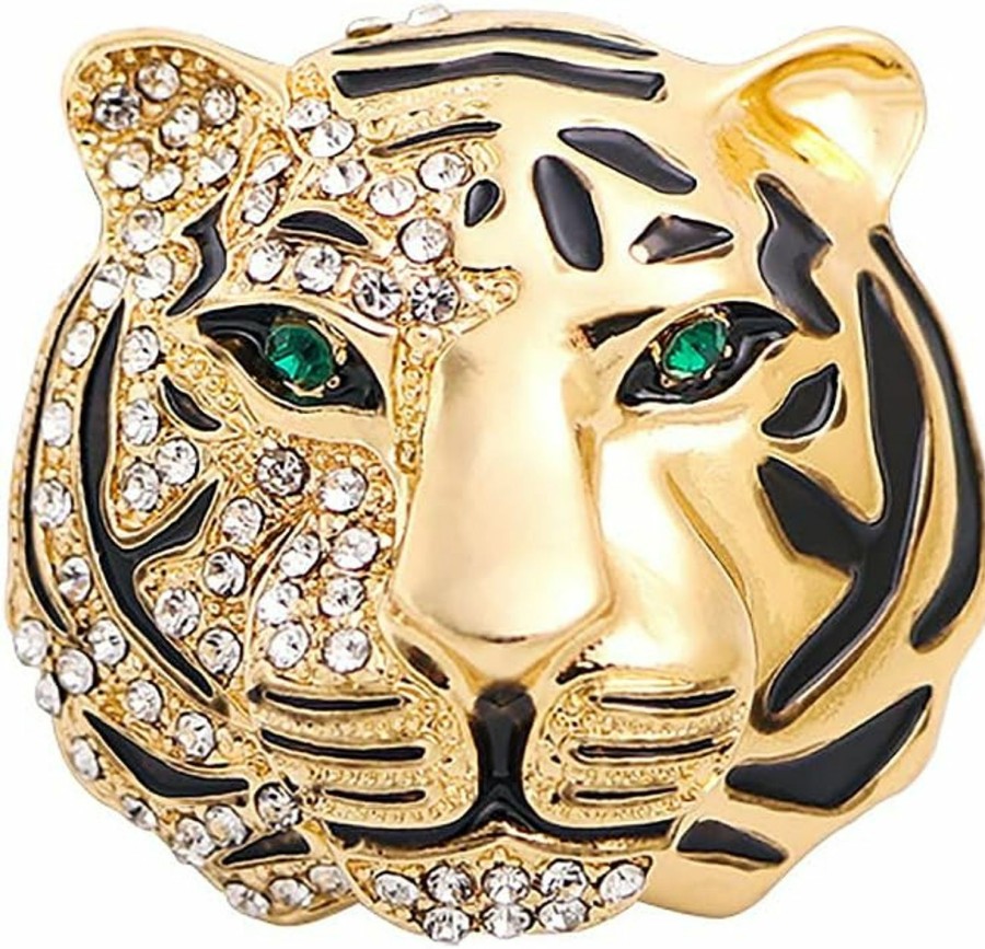 XUN Zhe Vintage Punk Tiger Head Brooch Pin, Rhinestone Crystal Animal Tiger Suit Pin, Retro Gold Silver Tiger Head Badge Lapel Pin For Men Women Girls Best