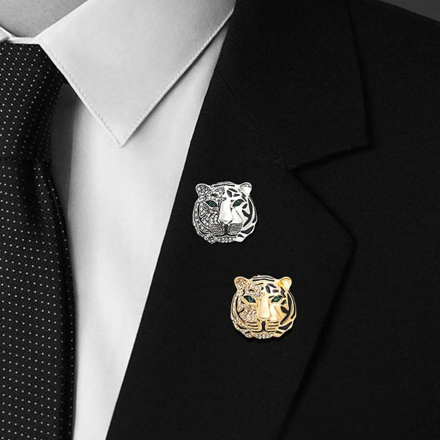 XUN Zhe Vintage Punk Tiger Head Brooch Pin, Rhinestone Crystal Animal Tiger Suit Pin, Retro Gold Silver Tiger Head Badge Lapel Pin For Men Women Girls Best