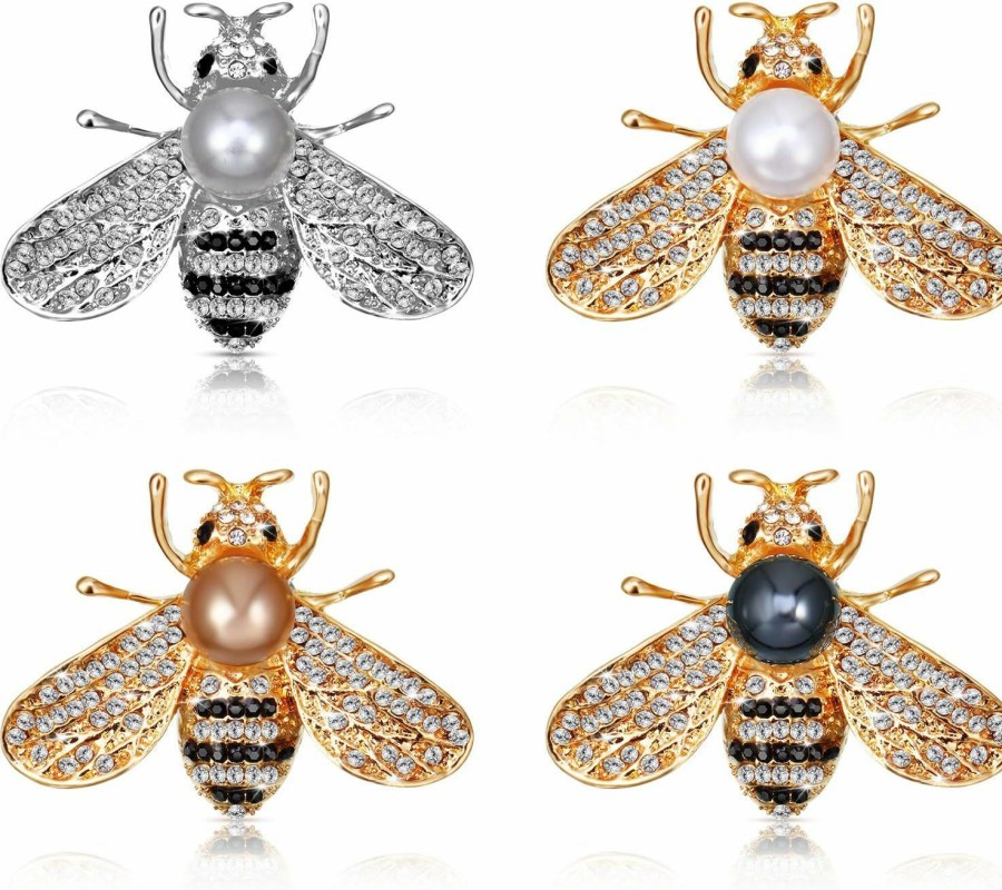 WILLBOND Willbond 4 Pieces Honey Bee Brooch Lapel Pins For Women Crystal Insect Themed Bee Brooches With Faux Pearl Fashion Gift For Birthday Dating Party Anniversary New