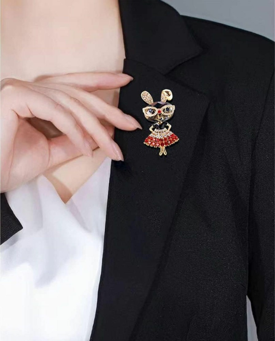 Dtja Rhinestone Lady Rabbit Brooch Pin For Women Girls Fashion Crystal Bunny Animal Brooches Lapel Pins Dainty Cute Christmas Graduation Honors Day Easter Jewelry Gift For Daughter Teacher Students New