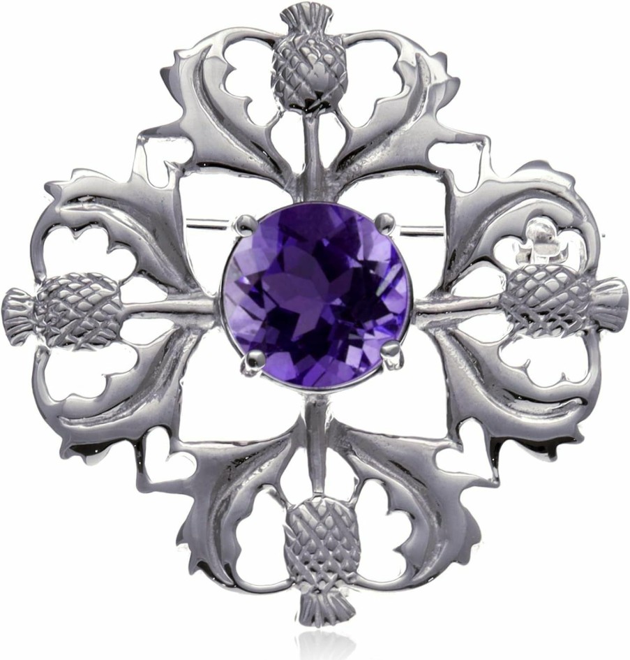 Alexander Castle Alexander Castle 925 Sterling Silver Scottish Thistle Brooch Pin With Real Amethyst Stone & Jewelry Gift Box - Scottish Gift For Women Clearance