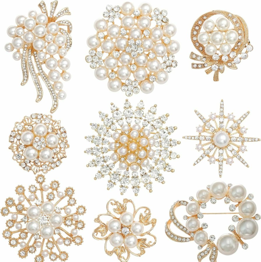 Achairder Achairder 9 Pack Gold Crystal Rhinestone Flower Brooch Pin Set For Diy Wedding Party Bouquets Embellishment Crafts Decor Hot