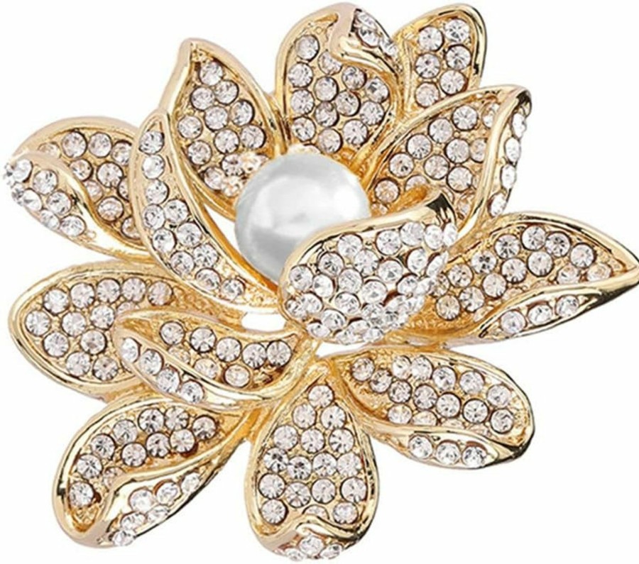 QUREZA Lotus Brooch Vintage Rhinestone Flower Brooch Pearl Pin For Women Badge Jackets Lapel Clothes Accessories Wedding Gifts For Women Girls New