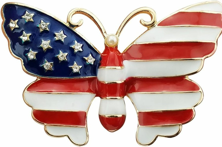 YOQUCOL Yoqucol Simulated Pearl Gold Tone United States American Flag Enamel Butterfly Brooch Pin Clearance