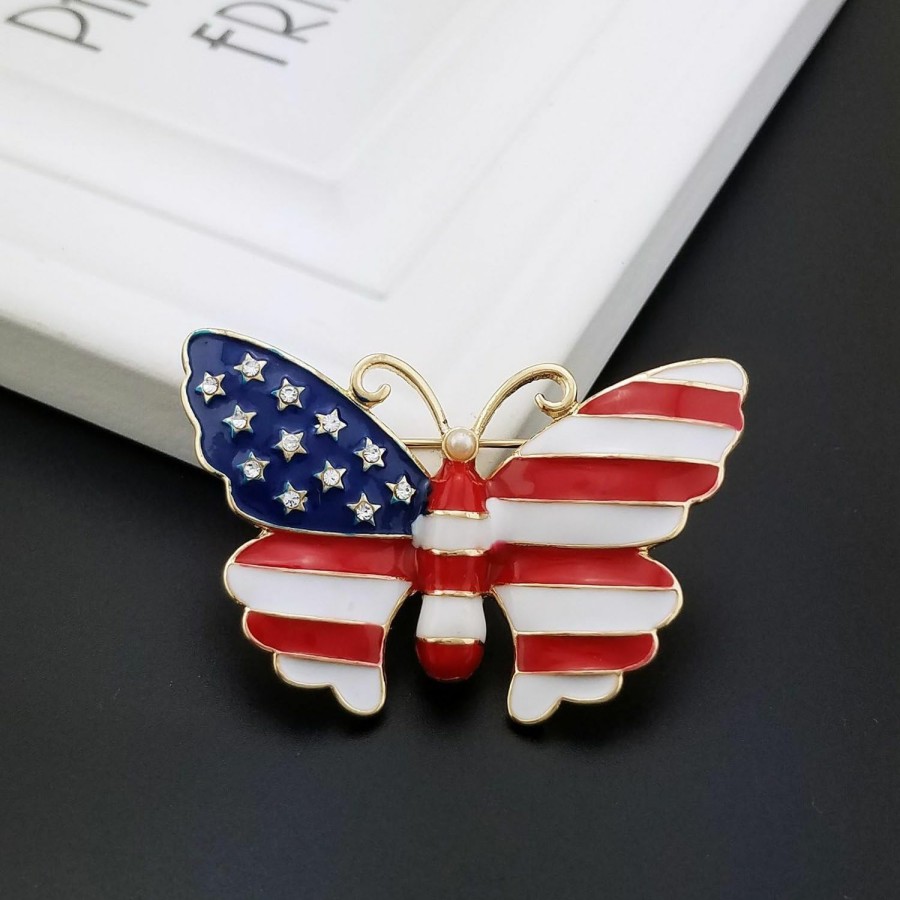 YOQUCOL Yoqucol Simulated Pearl Gold Tone United States American Flag Enamel Butterfly Brooch Pin Clearance