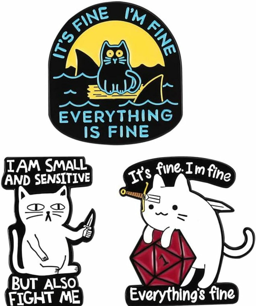 mindspeakee It'S Fine I'M Fine Everything Is Fine Enamel Lapel Pin Funny Cat With Sharks Around Funny Brooches Badges For Backpacks Hot