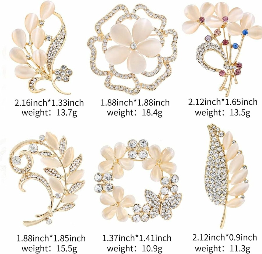 WMHaiMo Wmhaimo Lot 6Pcs Opal Cat'S Eye Stone Crystal Rhinestone Leaf Flower Brooch Pin Set For Women New