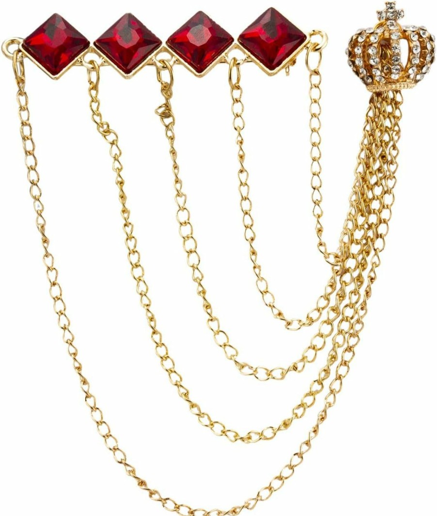 Knighthood Knighthood Diamond Cut Red Stone Bar With Hanging Chains And Gold Crown Brooch Wholesale