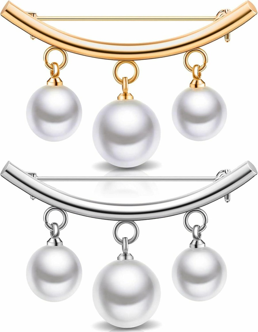 WILLBOND 2 Pieces Artificial Pearl Brooch Pins Anti-Exposure Neckline Safety Pins Faux Pearl Sweater Shawl Clips For Women Girls Wedding Party Decorations (Gold And Silver) Online