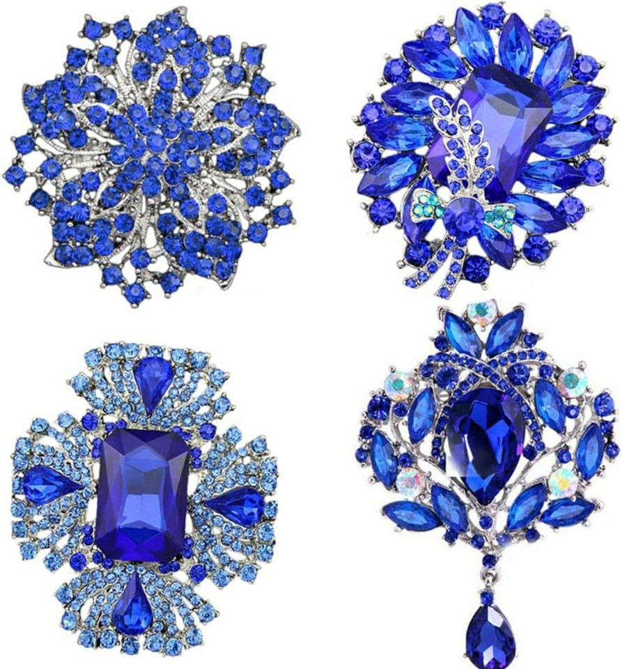 Ezing Ezing 4Pcs Big Blue Crystal Silver Plated Brooch For Wedding Bouquet Online