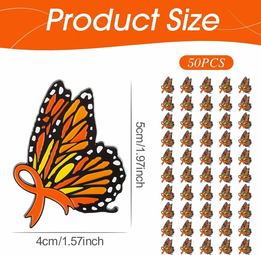 Riceshoot Riceshoot 50 Pcs Orange Awareness Ribbon Pin Leukemia Awareness Pins Butterfly Brooches Bulk Multiple Sclerosis Adhd Kidney Cancer Lymphoma Cerebral Cancer Orange Awareness Pin For Women Girls Clearance