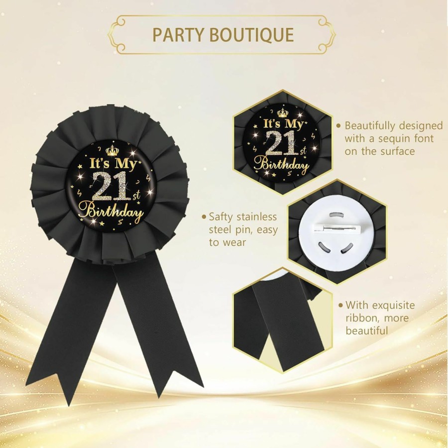 ROSTYAKZ It'S My 21St Birthday Tinplate Badge Pin, Gold Diamond Happy 21St Birthday Button Pin, 21 & Fabulous Birthday Black Rosette Award Ribbon Pin For Women, Brooch Buttons For Twenty One Years Old Birthday Party Decoration Wholesale