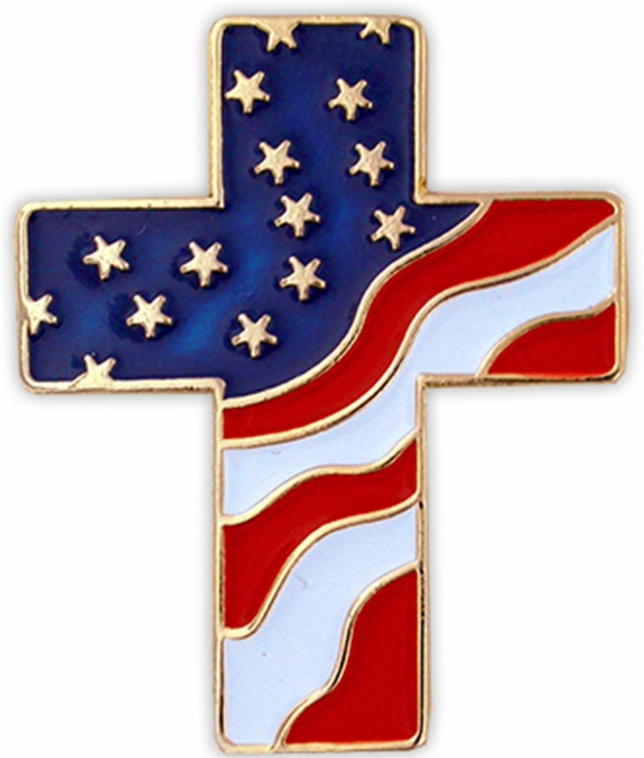 PinMart Pinmart Patriotic Cross With Waving American Flag Waving U.S.A. Flag - Enamel Lapel Pin - Secureclutch Back For Hats, Scarves And Backpacks Online