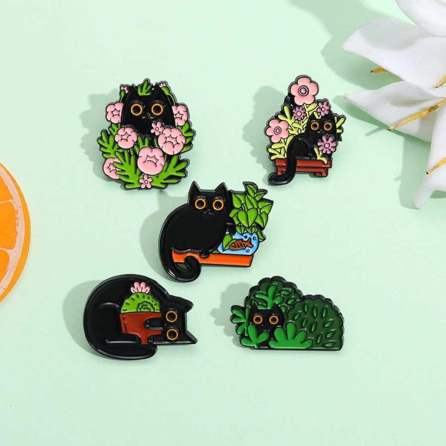 Gillna Cats Hidden In Potted Plants Enamel Pins Set, Cute Black Cat Pins For Women Kids, Animal Enamel Brooch Badges Pins For Bags Clothing Online