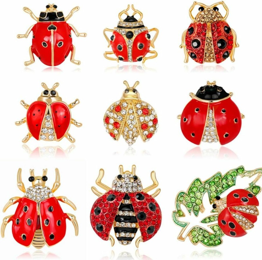 Apol Set Of 9 Lovely Little Ladybug Brooch Women'S Crystal Rhinestone Brooch Pins Party Gift Jewelry Accessories Wholesale