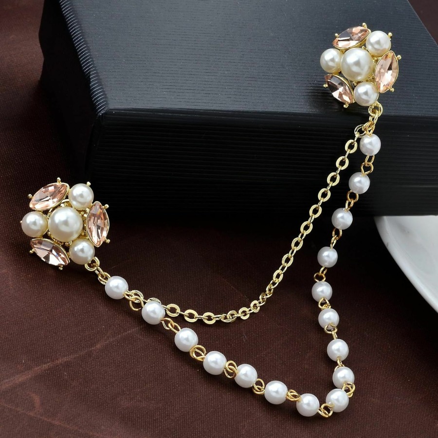 YYBONNIE Yybonnie Champagne Tone Crystal Pearl Daisy Flower Brooches Pins With Pearl Chain Tassel Sweater Guard Clip Pin Wholesale