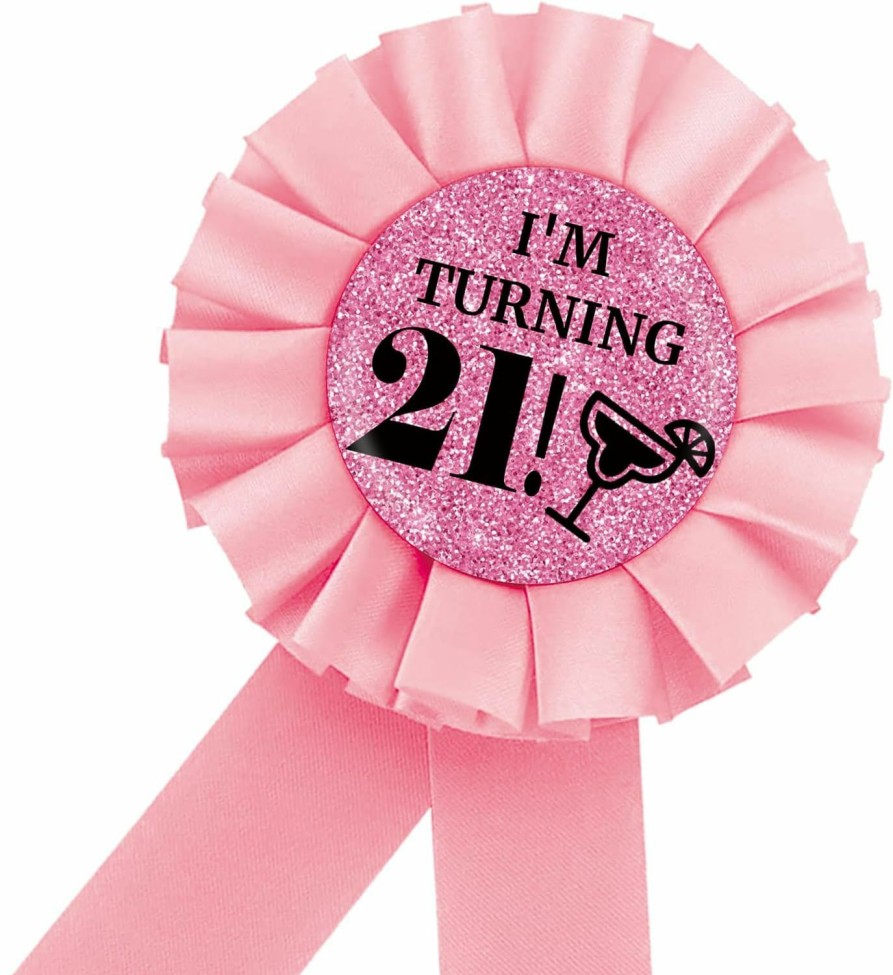 MAONICA Happy 21St Birthday Tinplate Badge Pin, I'M Turning 21 Birthday Button Pin For Women, Pink Rosette Finally 21 Award Ribbon Pin, It'S My 21St Birthday Party Decoration New