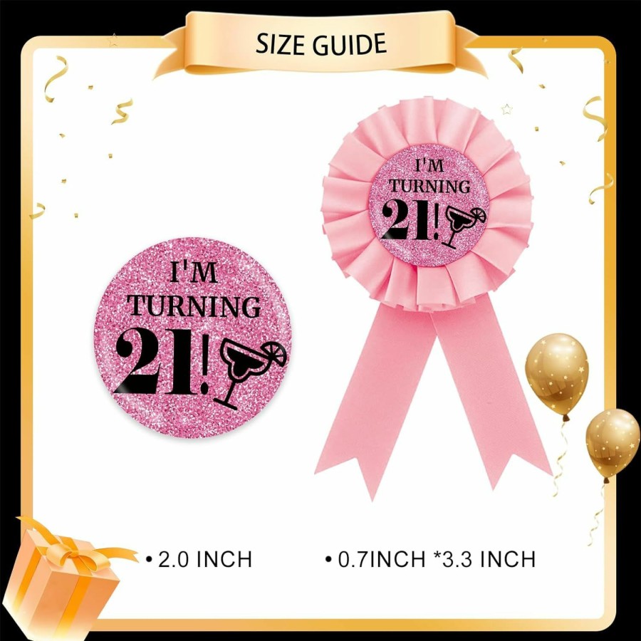 MAONICA Happy 21St Birthday Tinplate Badge Pin, I'M Turning 21 Birthday Button Pin For Women, Pink Rosette Finally 21 Award Ribbon Pin, It'S My 21St Birthday Party Decoration New