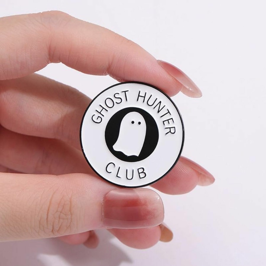 FOTN Ghost Hunter Club Enamel Pin Cartoon White Ghost Brooch Badge Round Button Lapel Pin Personalized Letter Alloy Brooch Halloween Cute Decoration Anime Fans Jewelry Gifts Jacket Hat Shirt Canvas Bag Online