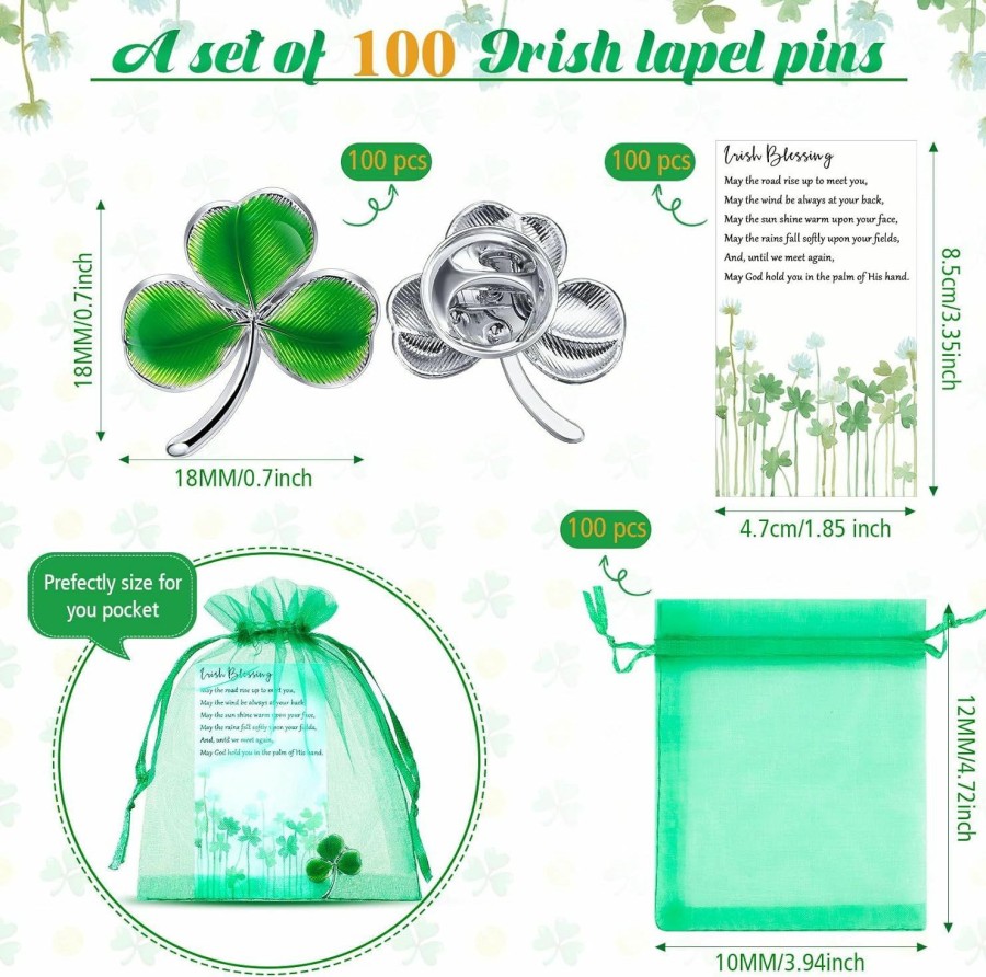 Ecation Ecation Clover Lapel Pins Bulk Three Leaves Brooches With Blessing Bookmarks And Organza Bags For Green Clover Party Good Luck Shamrock Enamel Pins Gift Favor Goodie Bag Stuffer Best