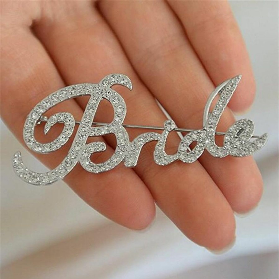 Fuqimanman2020 Rhinestone Crystal Bride Brooch Pin Dainty Bride Letter Wedding Lapel Pin Bridal Jewelry Wholesale