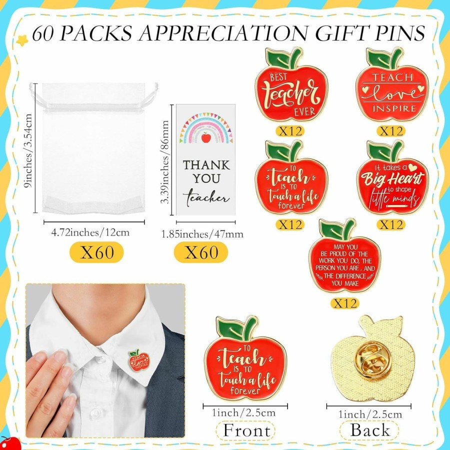 Unittype Unittype 60 Packs Teacher Appreciation Gift Bulk Teacher Pin With Thank You Card Apple Lapel Pins Brooches Thank You Gifts For Teacher School Graduation Wholesale