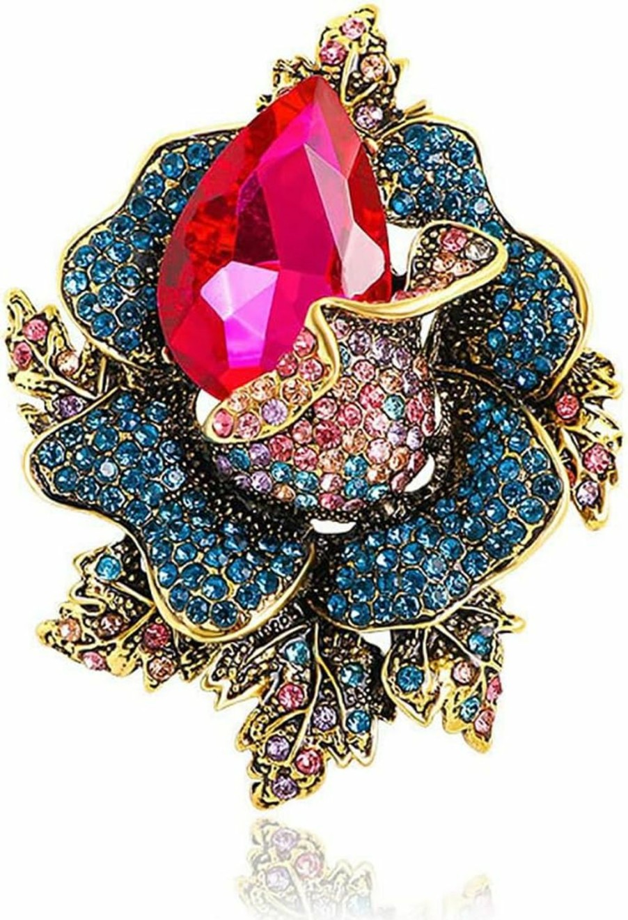 GYRMMUE Rose Crystal Flower Brooch For Women Wedding Bride Large Brooches Retro Rose Rhinestone Brooch Ladies Teardrop Brooch Gift Hot