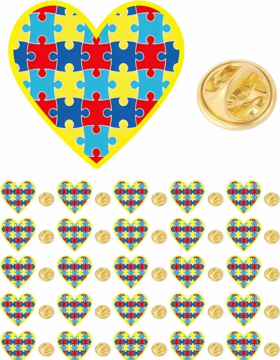 CINFAC 12/25/50/100 Pcs Heart Metal Autism Awareness Pin Lapel Pins Multi Color Autism Puzzle Piece Brooches Pins Autism Awareness Accessories For Clothing Bulk New