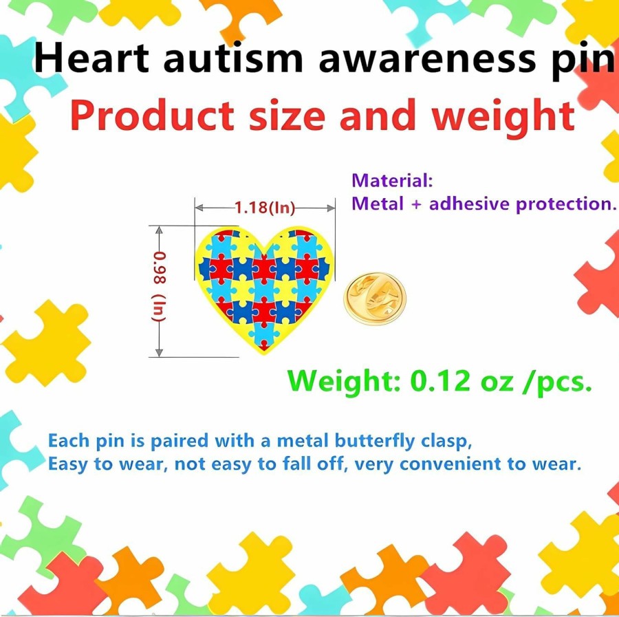 CINFAC 12/25/50/100 Pcs Heart Metal Autism Awareness Pin Lapel Pins Multi Color Autism Puzzle Piece Brooches Pins Autism Awareness Accessories For Clothing Bulk New