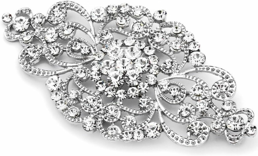 Mariell Mariell Vintage Bridal Crystal Brooch Pin, 4\" Wide, Antique Silver Wedding Pin, Rhinestone Brooch For Brides And Wedding, Art Deco Fashion Accessory Hot