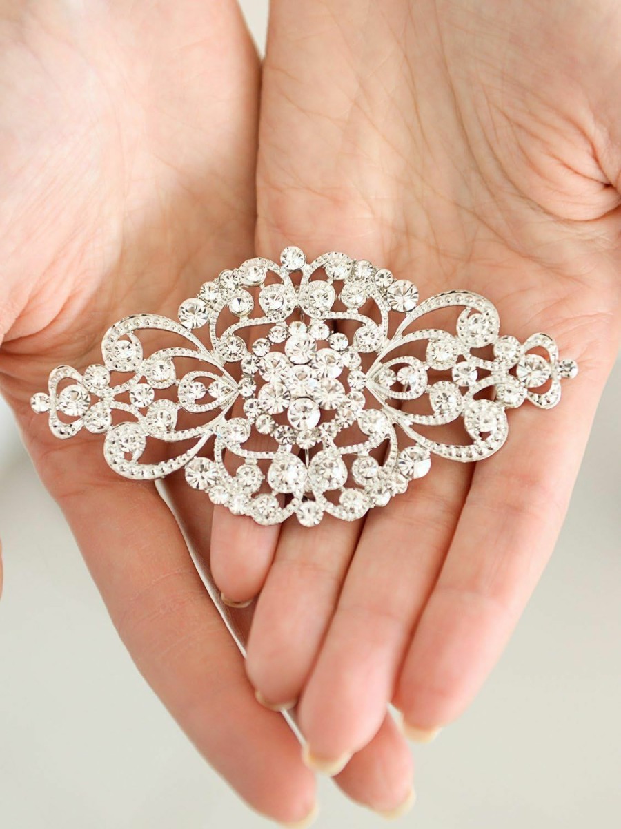 Mariell Mariell Vintage Bridal Crystal Brooch Pin, 4\" Wide, Antique Silver Wedding Pin, Rhinestone Brooch For Brides And Wedding, Art Deco Fashion Accessory Hot