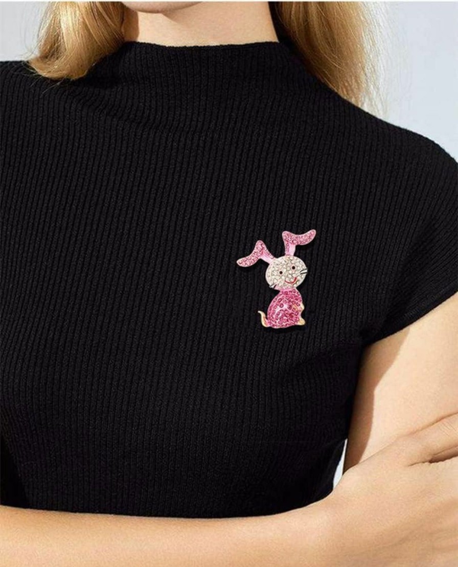 Dtja Rhinestone Pink Rabbit Animal Brooch Pin For Women Girls Teens Gold Plated Cute Crystal Cartoon Bunny Brooches Lapel Pins Lucky Decor Dress Accessories Easter Holiday Jewelry Gift For Daughter Niece Pet-Lover Hot