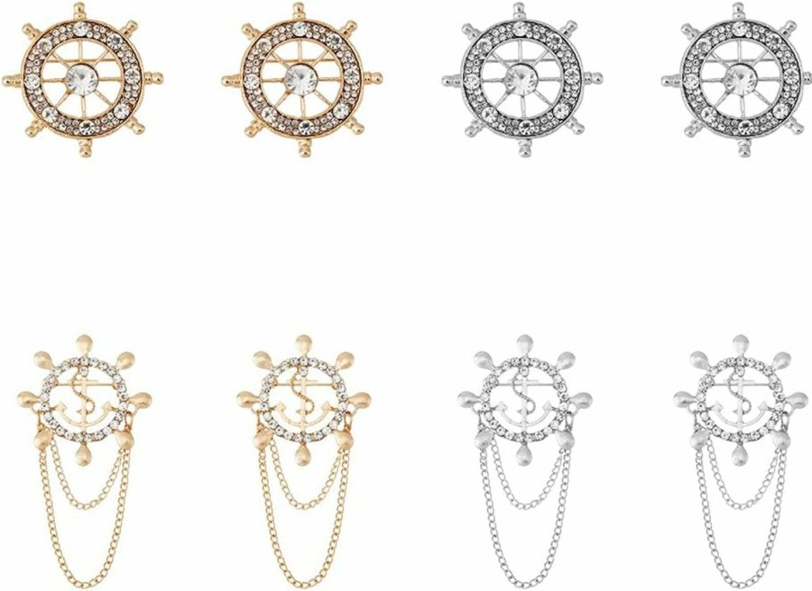 SUPERFINDINGS Superfindings 8Pcs 2 Style 2 Color Anchor Nautical Brooch Crystal Rhinestone Safety Pin Sailor Style Label Pin Steering Badges Vintage Suit Decaration For Man Woman Wedding Party Wholesale