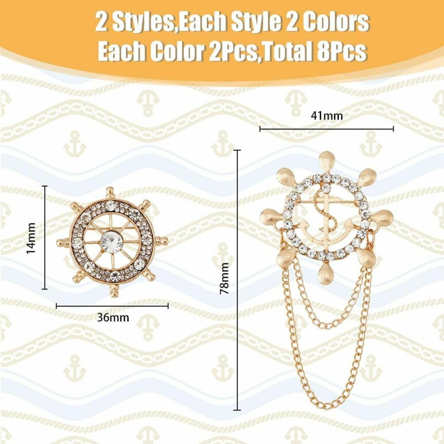 SUPERFINDINGS Superfindings 8Pcs 2 Style 2 Color Anchor Nautical Brooch Crystal Rhinestone Safety Pin Sailor Style Label Pin Steering Badges Vintage Suit Decaration For Man Woman Wedding Party Wholesale