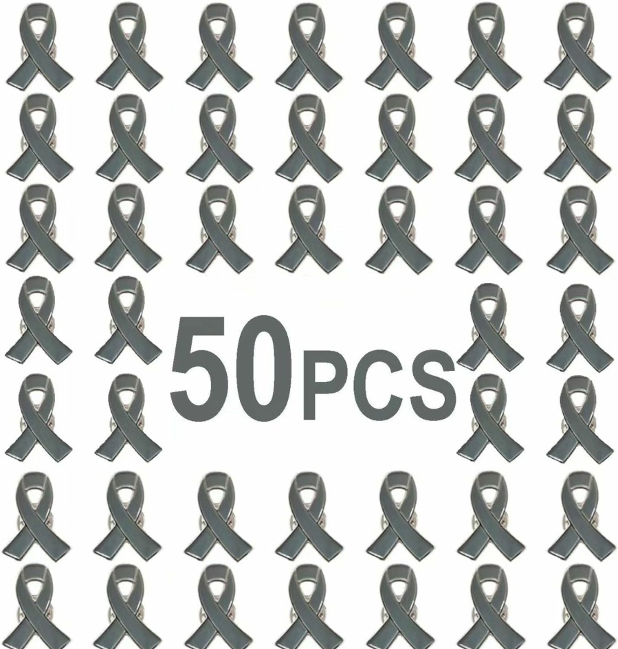 TSYMINQC 50 Pieces Gray Ribbon Pins Gray Awareness Lapel Brooches For Diabetes Brain Cancer Asthma Parkinson'S Disease New