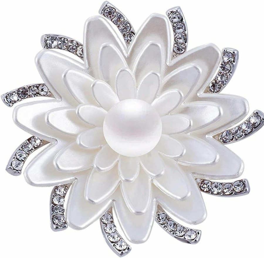 Merdia Merdia Floral Brooch Pin White Lotus Flower Brooches Simulated Crystal Corsage Brooch Best