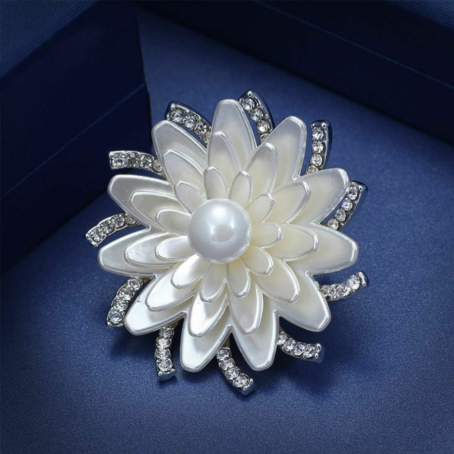 Merdia Merdia Floral Brooch Pin White Lotus Flower Brooches Simulated Crystal Corsage Brooch Best