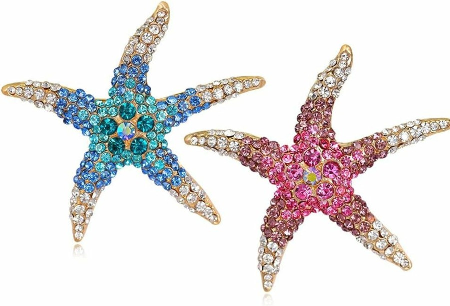 Teensery 2 Pcs Crystal Rhinestone Starfish Brooch Pin Marine Animal Brooch For Dress Hat Decorations Ornaments (Blue, Rose) Best