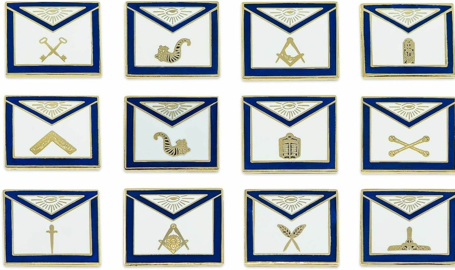 The Masonic Exchange Officer Apron (Set Of 12 Pins) Masonic Lapel Pin - [Blue & White][3/4'' Wide] Hot