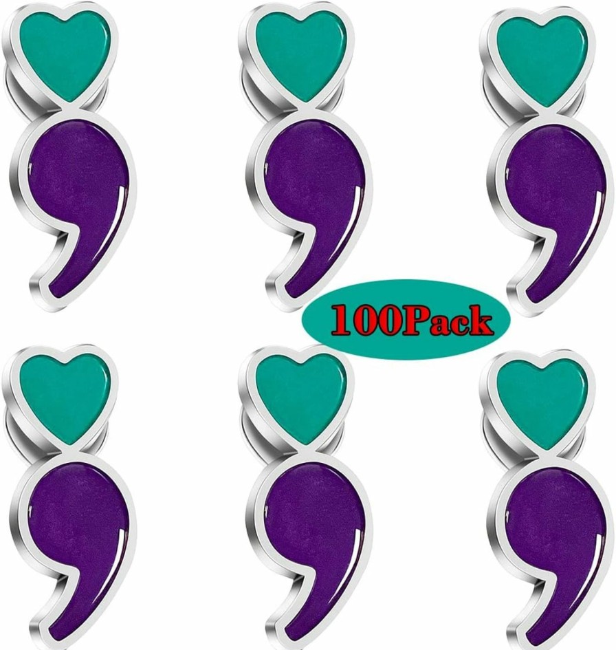 rhungift 6/12/50/100/Pcs Semicolon Mental Health Suicide Prevention Awareness Lapel Pins Bulk Metal Purple & Teal Ribbon Pin Souvenir Series Gifts Best