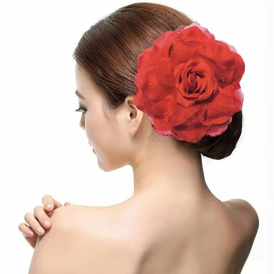 BACKGARDEN 6\" Large Red Flower Hair Clip Pin Brooch For Flamenco Spanish Bull Mexican Dance Performance Music Party Photography (Red) Clearance