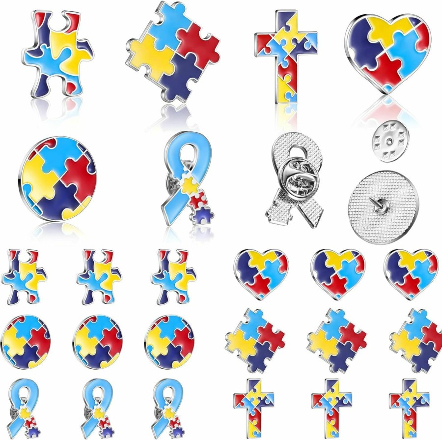 Yunlly 96 Pcs Autism Pin Bulk Autism Awareness Lapel Pin Autism Awareness Accessories Multi Color Autism Puzzle Piece Women'S Brooches Pins For Clothing, Jackets And Shirts, 6 Styles Hot