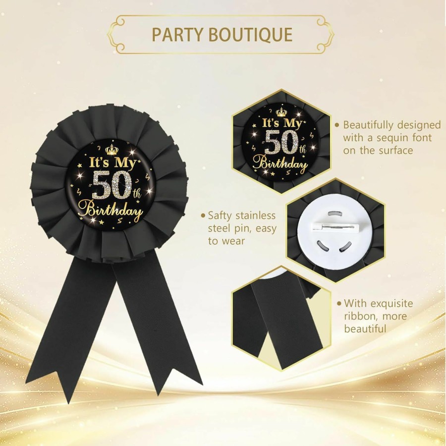 ROSTYAKZ It'S My 50Th Birthday Tinplate Badge Pin, Gold Diamond Happy 50Th Birthday Button Pin, 50 & Fabulous Birthday Black Rosette Award Ribbon Pin For Women, Brooch Buttons For Fifty Years Old Birthday Party Decoration Hot