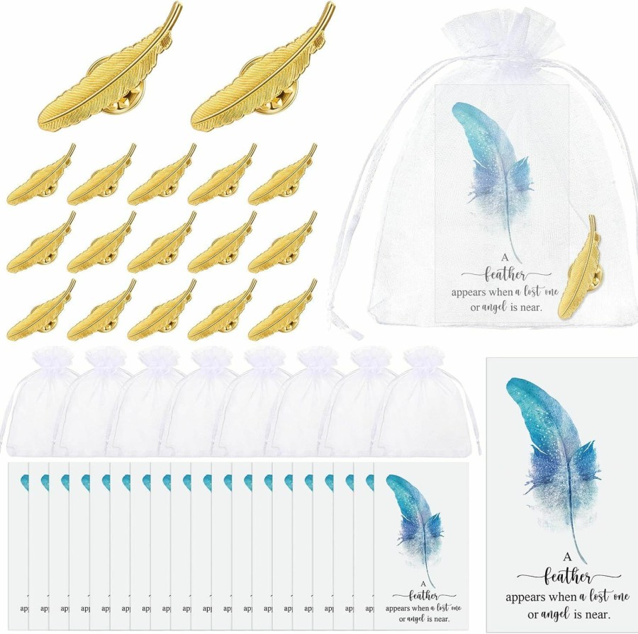 Sasylvia Sasylvia 50 Sets Feather Leaf Brooch Pin Memorial Gift Golden Feather Lapel Pin Celebration Of Life Leaf Brooches Jewelry For Women With Cards And Organza Bags For Wedding Dress Funeral Party Favors New