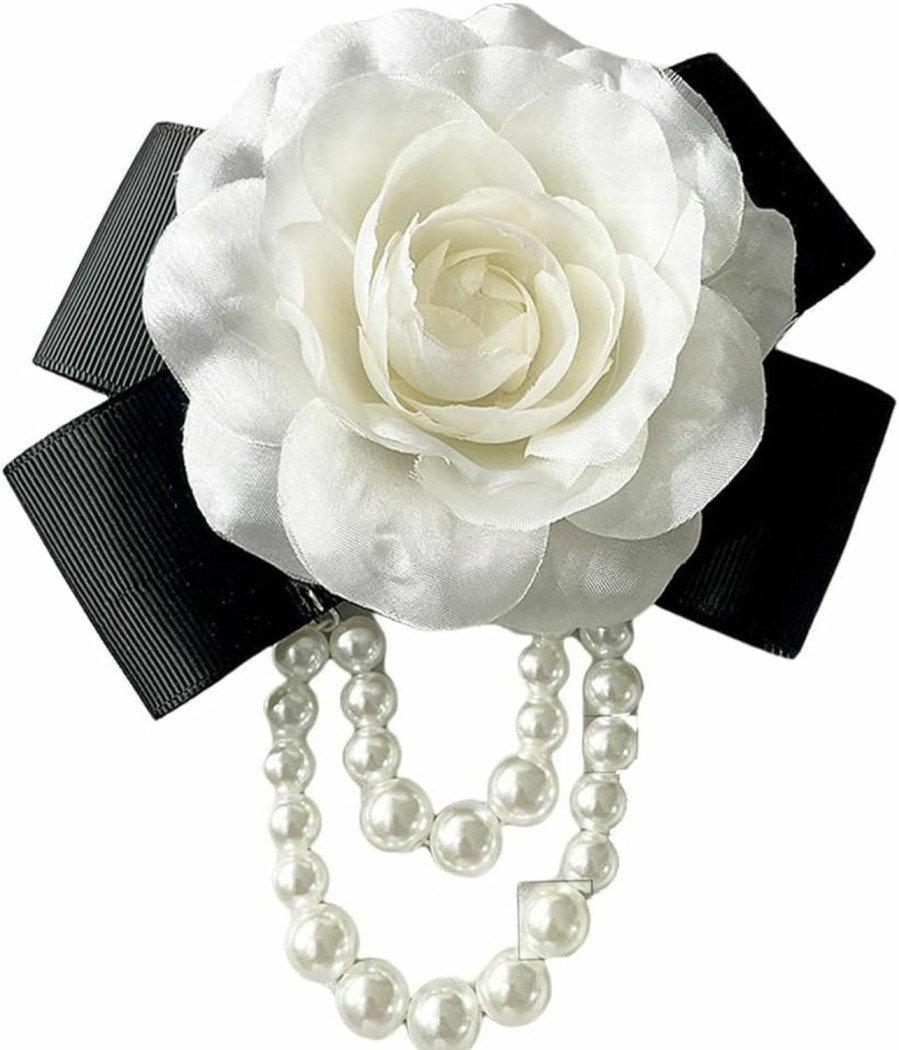 ZZ ZINFANDEL Camellia Flower Brooches Pins Pearl Brooches For Women,Floral Brooches Shawl Clips Pins Flower Hair Clips For Girls,White Silk Flower Bow Tie Brooches Wholesale