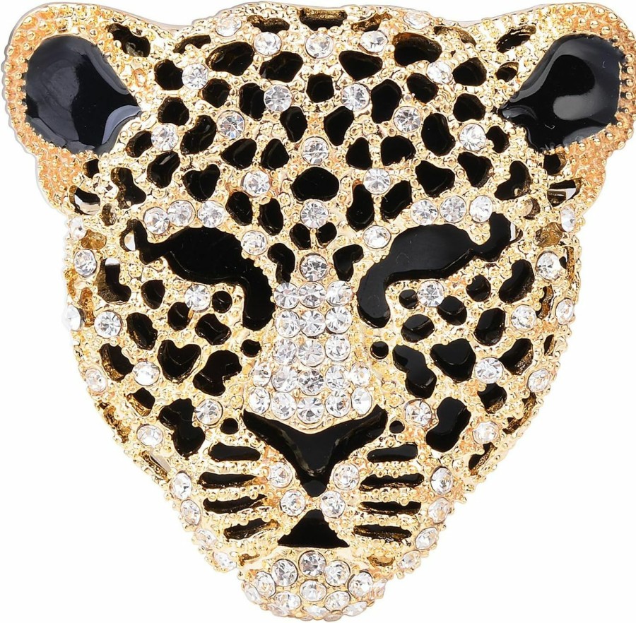 YYBONNIE Yybonnie Vintage Black Enamel Spotted Leopard Head Rhinestone Crystal Animal Brooch Pin Lapel Pin Badge Wholesale