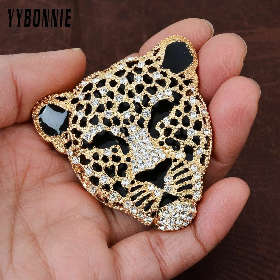 YYBONNIE Yybonnie Vintage Black Enamel Spotted Leopard Head Rhinestone Crystal Animal Brooch Pin Lapel Pin Badge Wholesale