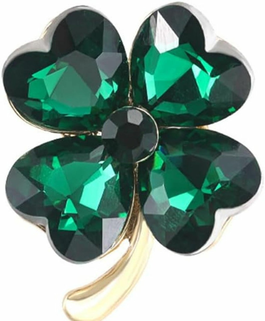 Dtja Green Hearted Rhinestone Clover Leaf Brooch Pin For Women Girls Uni Gold Plated Fashion Crystal Flower Brooches Lapel Pins Lucky Decor Dress Accessories St Patrick'S Day Holiday Festival Party Jewelry Gift Wholesale